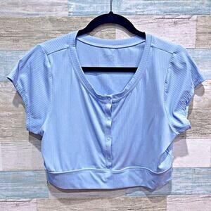 OFFLINE BY AERIE Stretchy Ribbed Crop Top Blue Henley Short Sleeve Womens Large